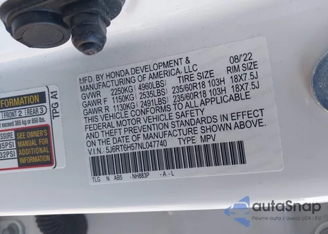 2022 Honda Cr-V Ex z USA, uszkodzony, nr VIN 5J6RT6H57NL047740